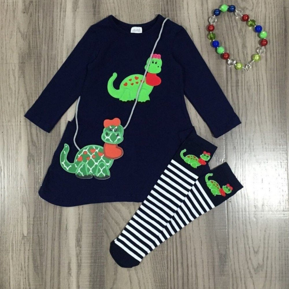 Valentine's Day Dinosaur Dress Socks & Purse Girls Outfit Set
